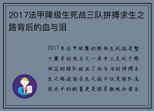 2017法甲降级生死战三队拼搏求生之路背后的血与泪