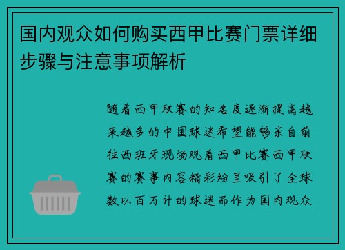 国内观众如何购买西甲比赛门票详细步骤与注意事项解析