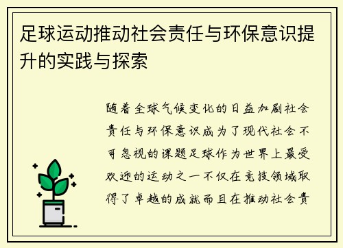 足球运动推动社会责任与环保意识提升的实践与探索